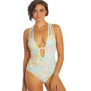 Becca Hot Springs One Piece Medium Tie Dye Plunge Swimsuit‎